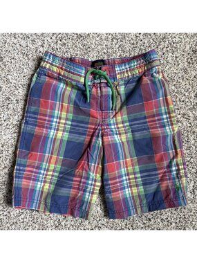 Polo Ralph Lauren Boy’s Swim Trunks Blue Pink Madras Plaid Drawstring Size 8